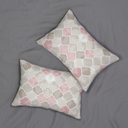 Moroccan Trellis Pink & Taupe Lumbar Pillow — Decorative Polyester Cushion