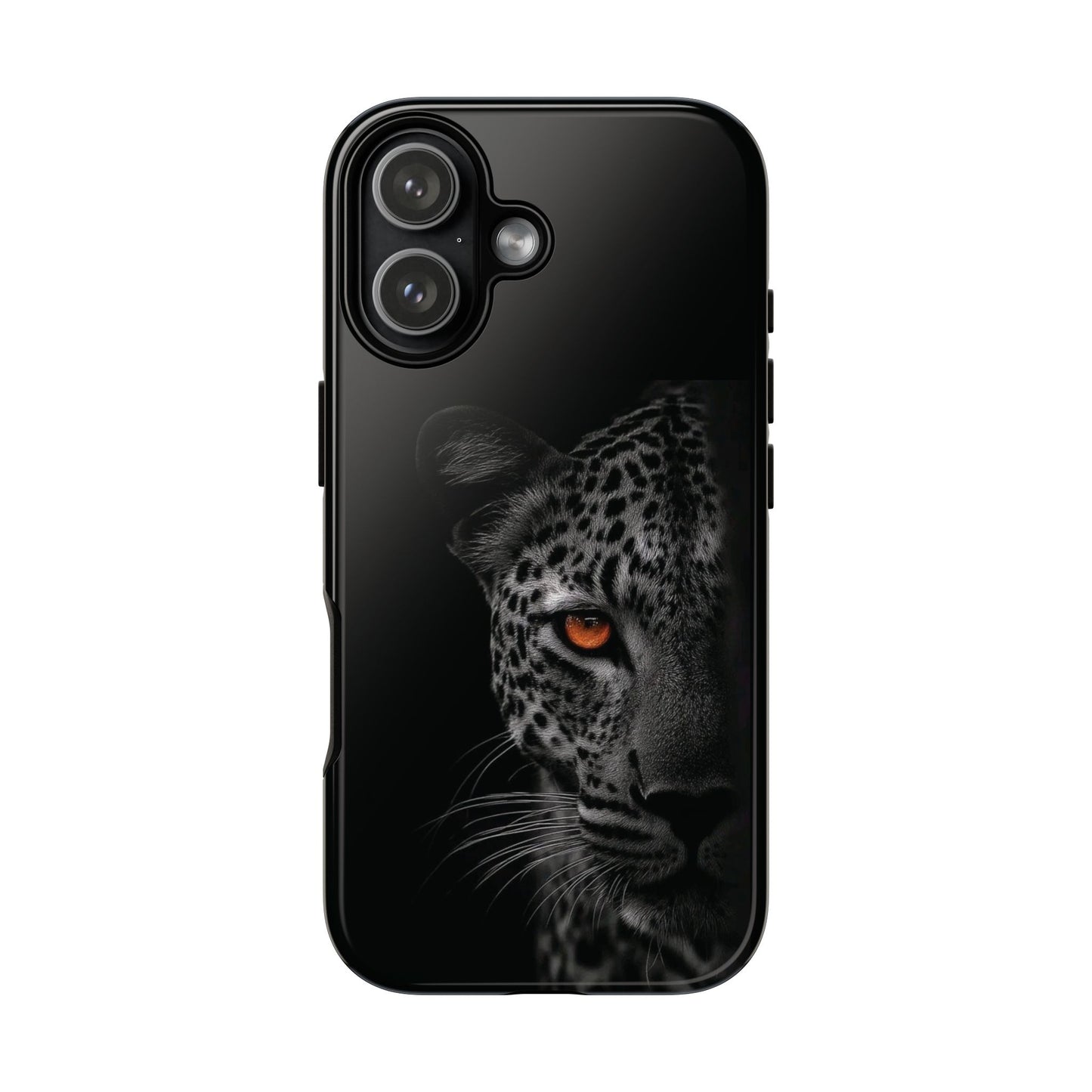 Leopard Gaze Phone Case — Black Protective iPhone Cover with Orange Eye