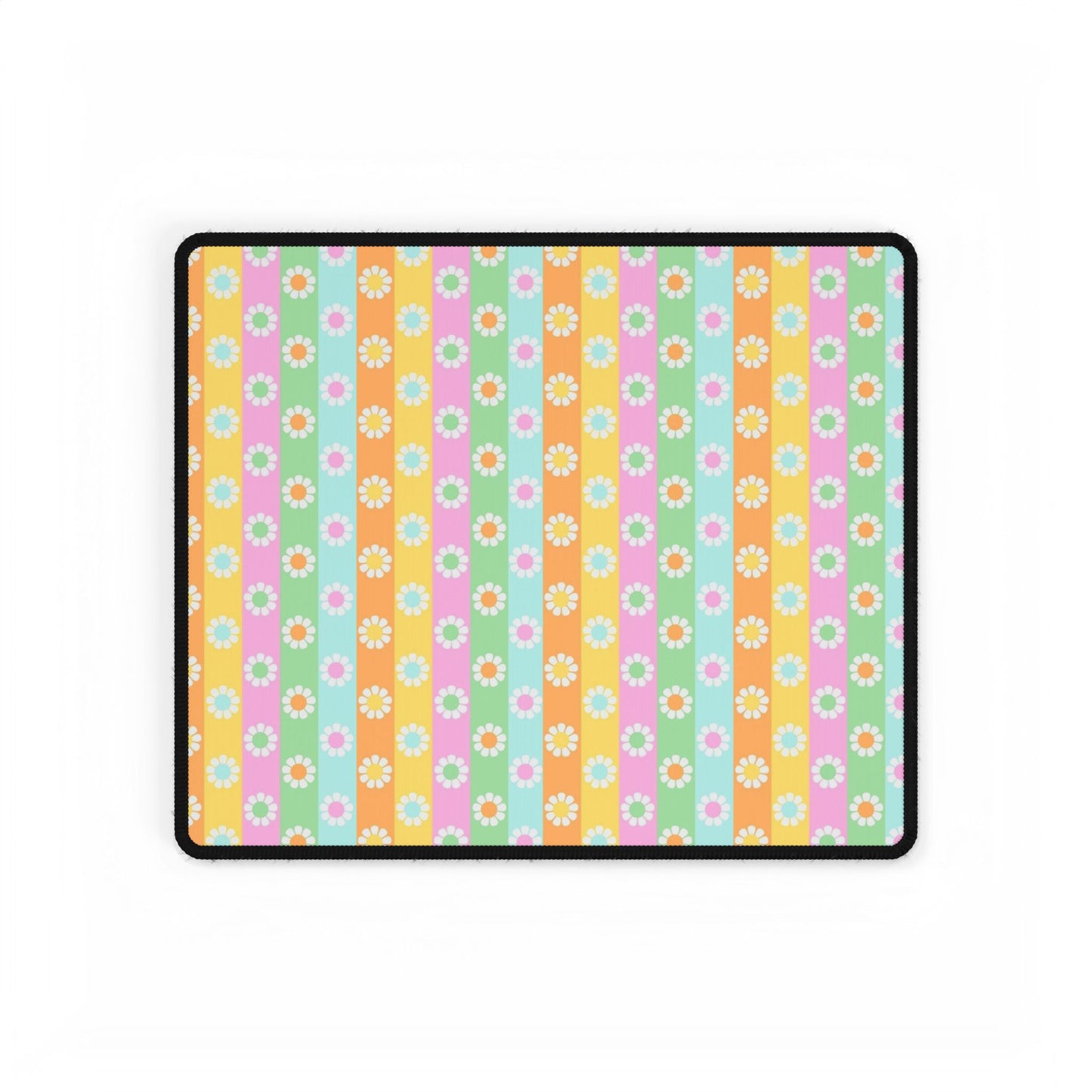 Floral Pastel Stripes Desk Mat — Cute Daisy Pattern Mouse Pad for Home Office