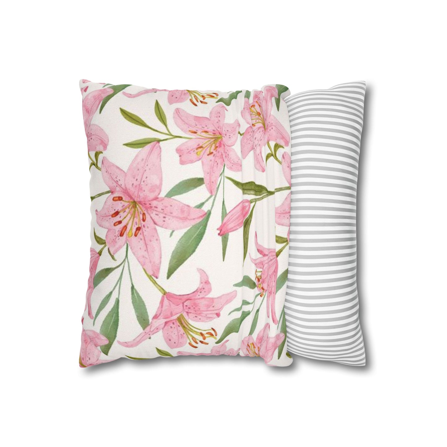 Floral Lily Pillowcase — Pink Watercolor Botanical Square Pillow Cover