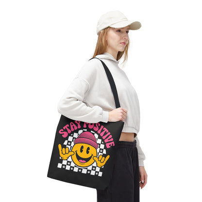 Stay Positive Smiley Tote Bag — Retro Checkerboard Inspirational Canvas Tote