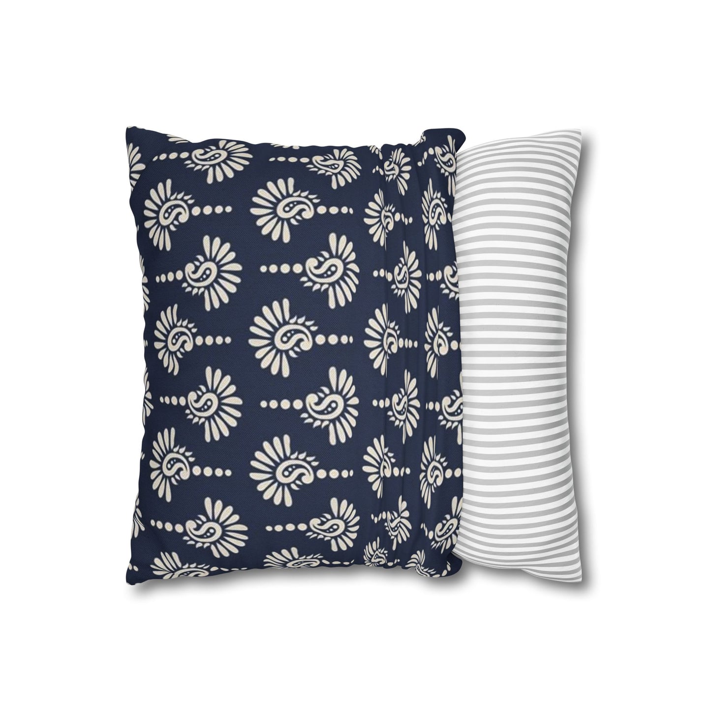 Navy Floral Motif Square Pillowcase — Decorative Spun Polyester Cushion Cover