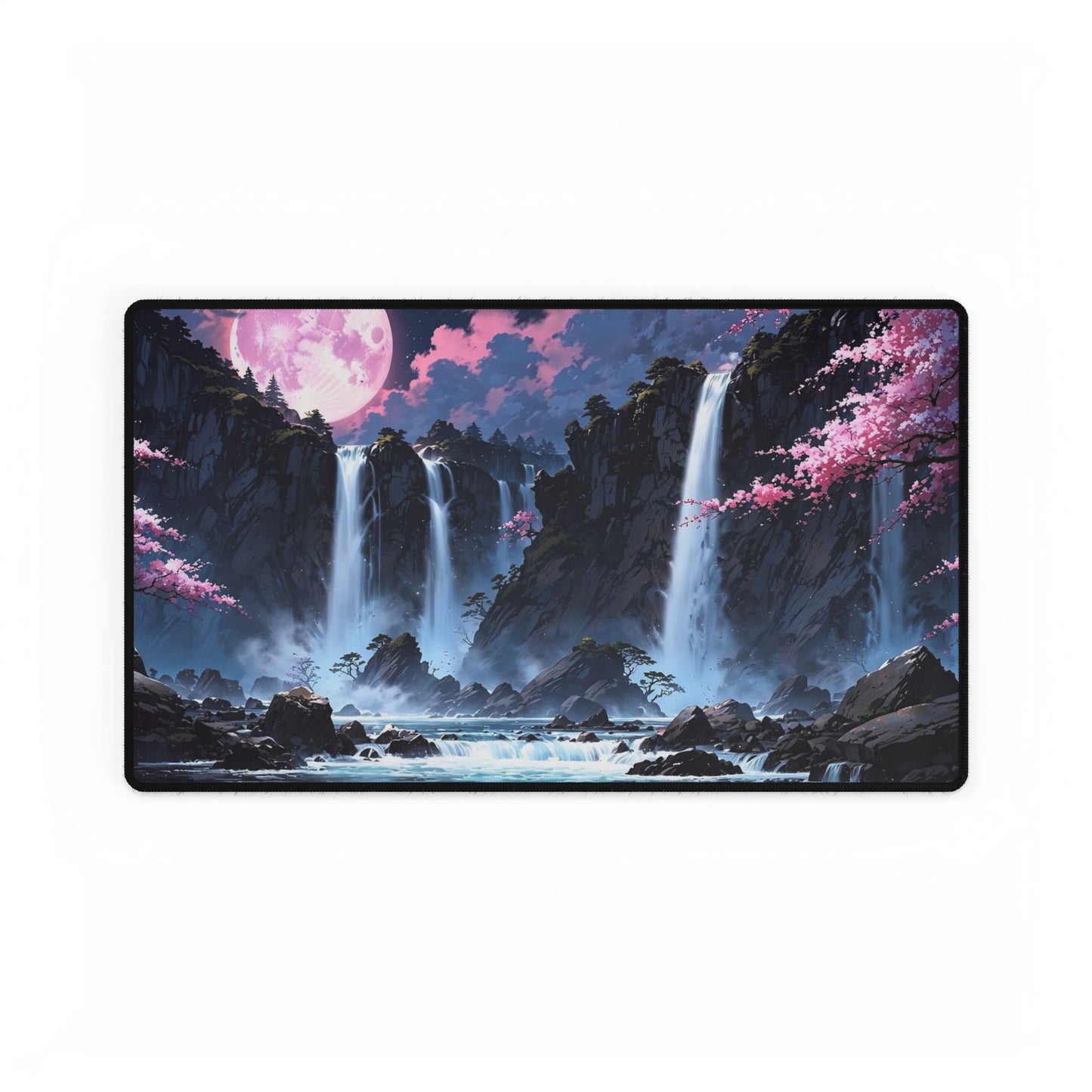 Cherry Blossom Waterfall Desk Mat — Scenic Anime Landscape Gaming/Work Desk Pad