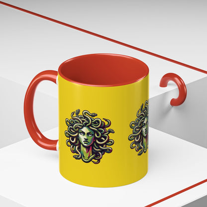 Medusa Accent Coffee Mug — Mythical Snake-Head Design, Yellow & Black Accent (11/15oz)
