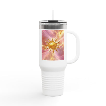 40oz Insulated Travel Mug – Pink Floral Sunburst Design