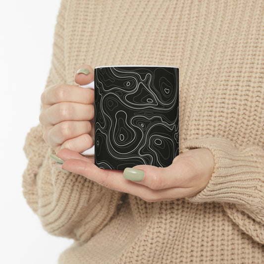 Topographic Contour Black Ceramic Mug — 11oz & 15oz Modern Geometric Coffee Cup
