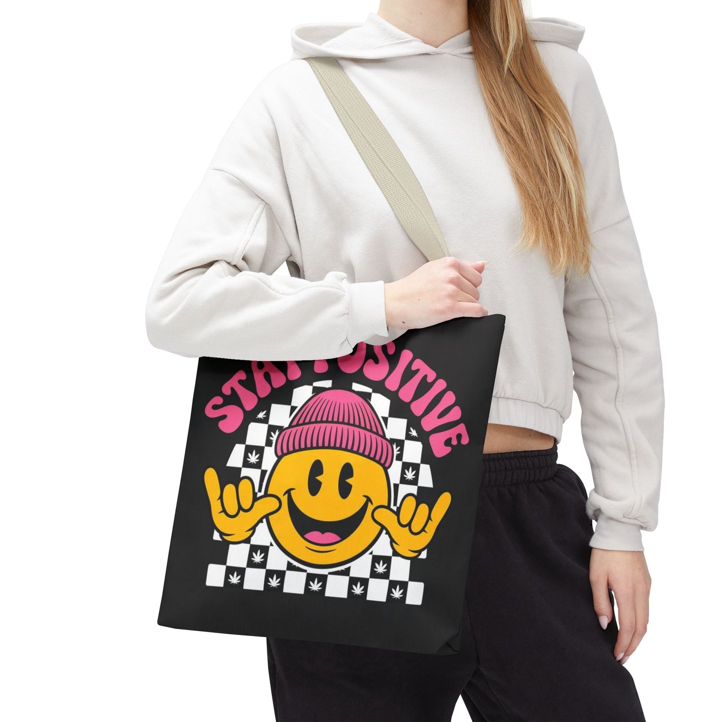 Stay Positive Smiley Tote Bag — Retro Checkerboard Inspirational Canvas Tote