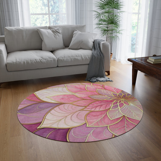 Pink Gold Mandala Round Rug — Floral Boho Area Rug for Bedroom, Meditation, Nursery