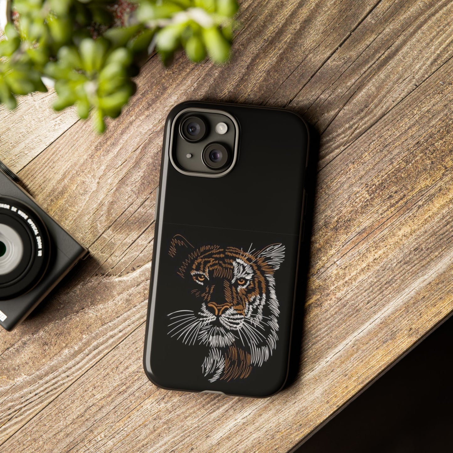 Tiger Face Phone Case — Protective Black Tough Case with Embroidered-Style Tiger Design