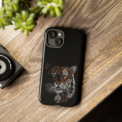 Tiger Face Phone Case — Protective Black Tough Case with Embroidered-Style Tiger Design