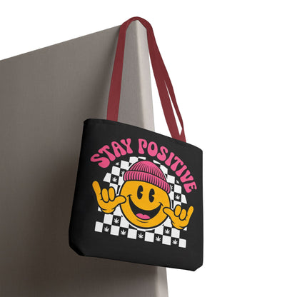 Stay Positive Smiley Tote Bag — Retro Checkerboard Inspirational Canvas Tote