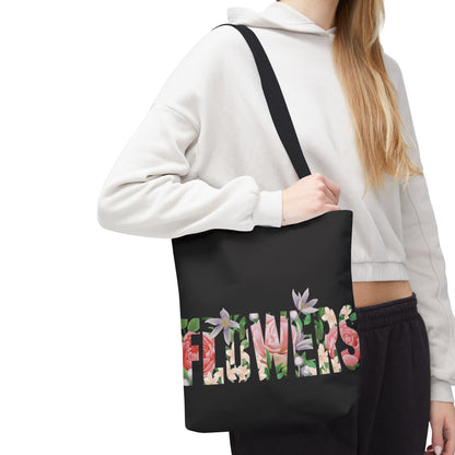 Floral 'FLOWERS' Black All-Over Print Tote Bag