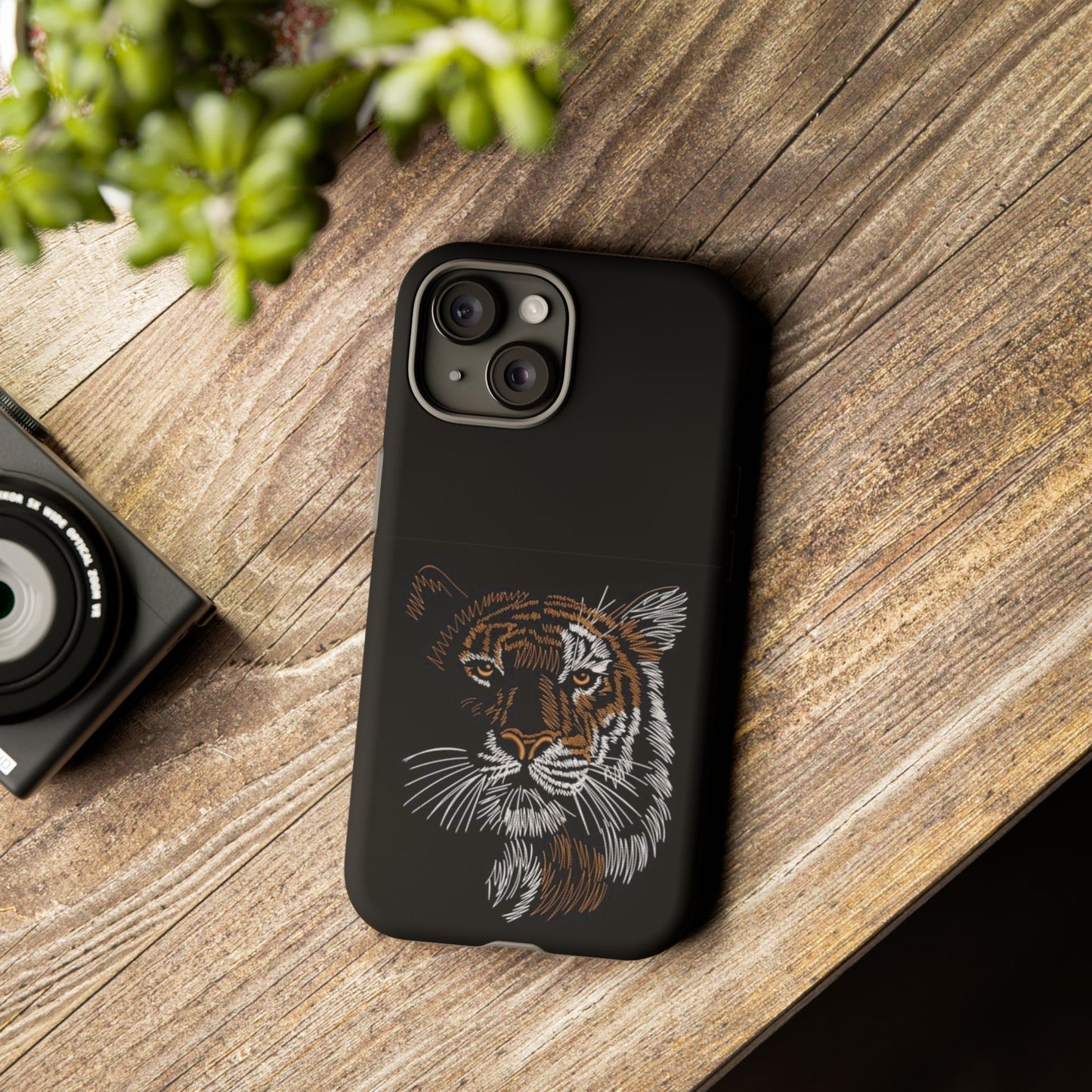 Tiger Face Phone Case — Protective Black Tough Case with Embroidered-Style Tiger Design