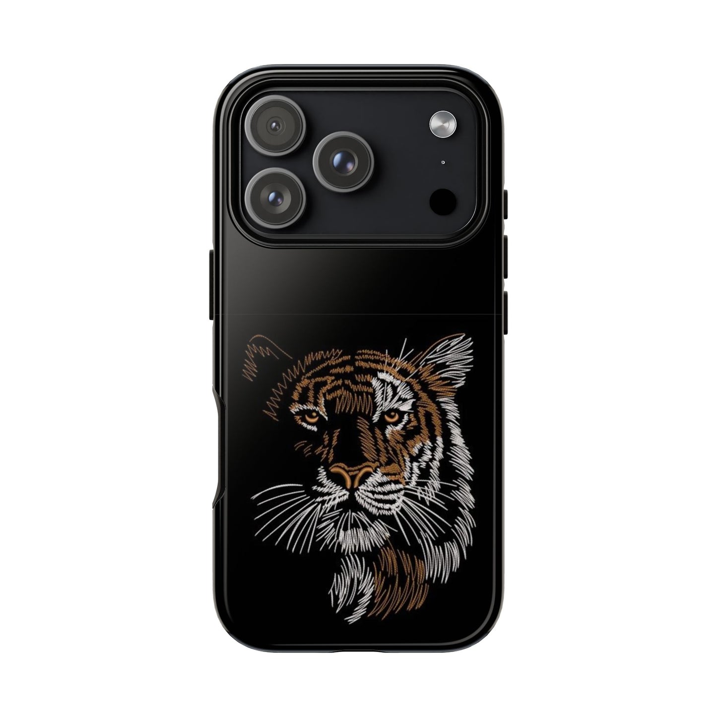 Tiger Face Phone Case — Protective Black Tough Case with Embroidered-Style Tiger Design