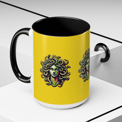 Medusa Accent Coffee Mug — Mythical Snake-Head Design, Yellow & Black Accent (11/15oz)