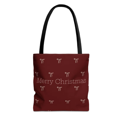 Christmas Tote Bag — Burgundy 'Merry Christmas' Bow Pattern Holiday Gift Tote