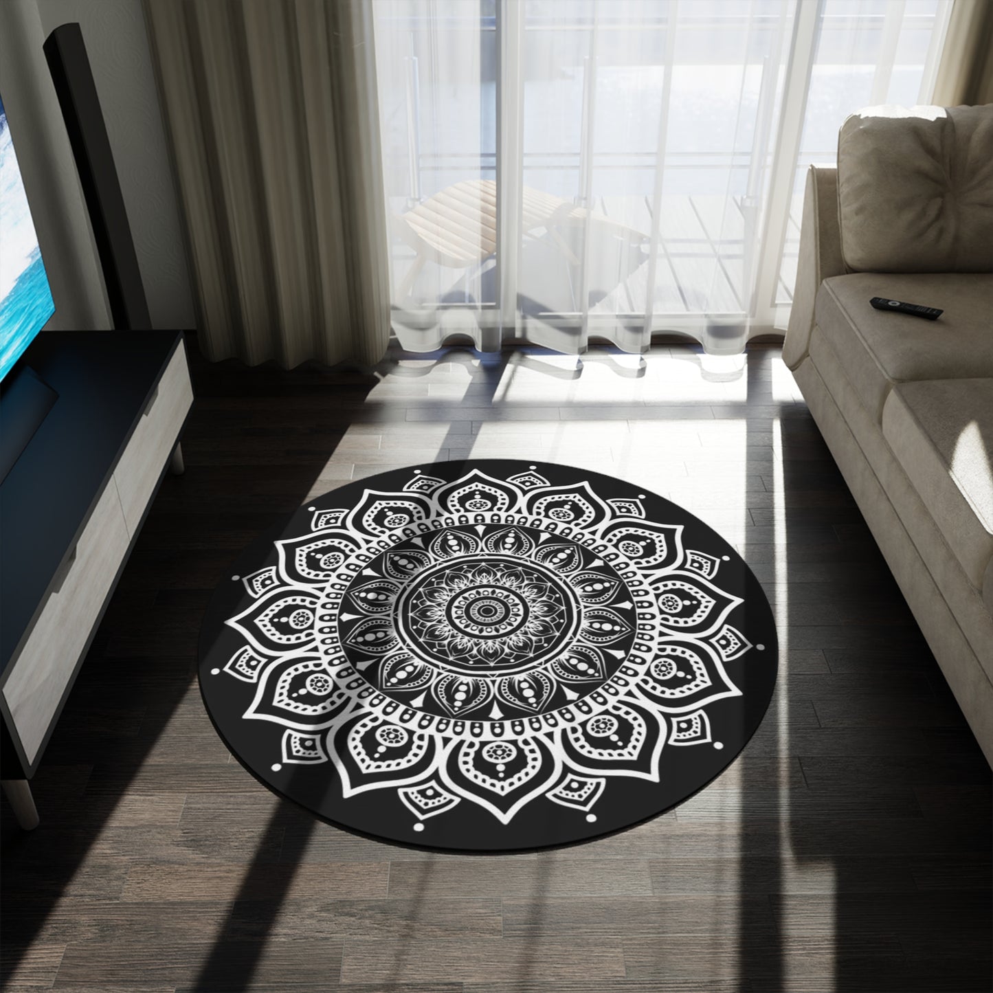 Round Mandala Rug — Black & White Boho Floor Mat for Living Room, Bedroom, Yoga