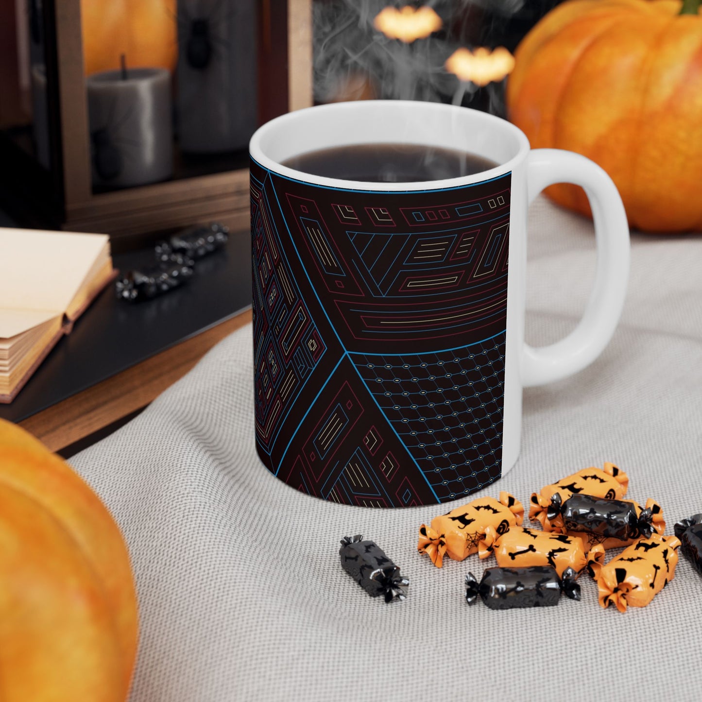 Geometric Tech Mandala Ceramic Mug — Dark Neon Hex Pattern (11oz, 15oz)