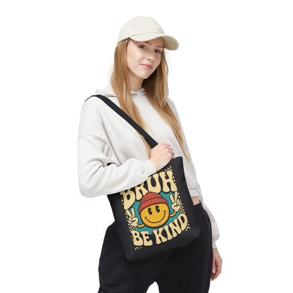 Bruh Be Kind Smiley Tote Bag — Retro Peace Sign Canvas Shopper