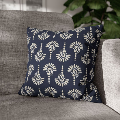 Navy Floral Motif Square Pillowcase — Decorative Spun Polyester Cushion Cover