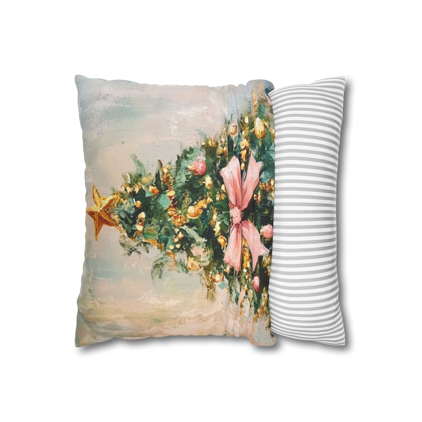 Christmas Tree Pillowcase with Pink Bow – Holiday Decorative Throw Pillow Cover