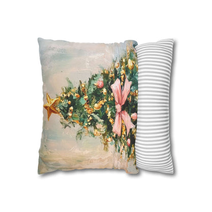 Christmas Tree Pillowcase with Pink Bow – Holiday Decorative Throw Pillow Cover
