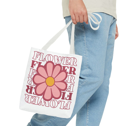 Retro Pink Flower Tote Bag – 'FLOWER' Graphic AOP Market Tote