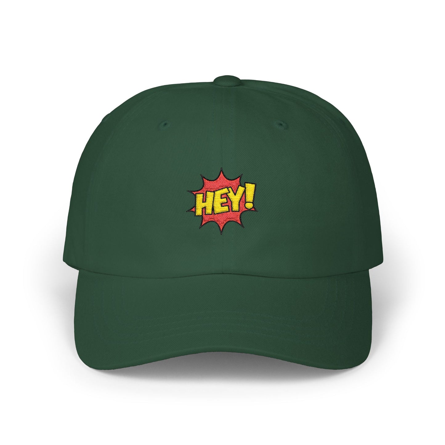 Hey! Comic Pop Dad Cap — White Embroidered Baseball Hat