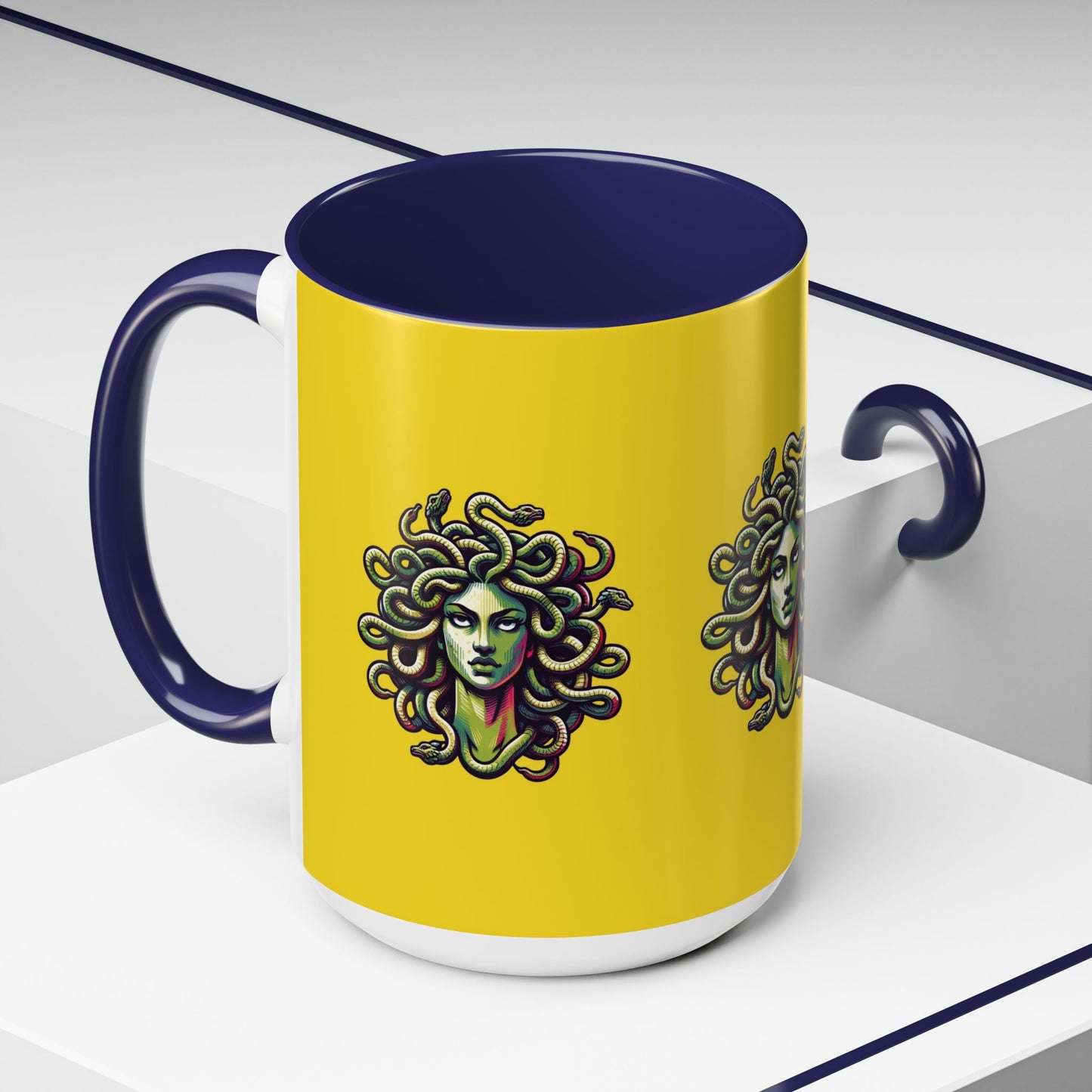 Medusa Accent Coffee Mug — Mythical Snake-Head Design, Yellow & Black Accent (11/15oz)