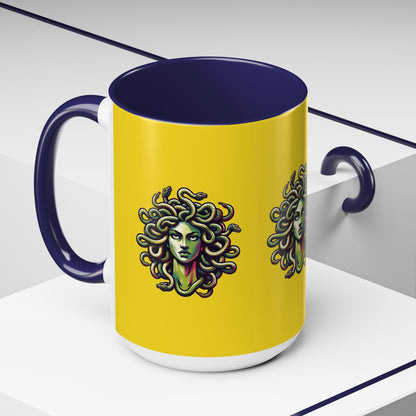 Medusa Accent Coffee Mug — Mythical Snake-Head Design, Yellow & Black Accent (11/15oz)