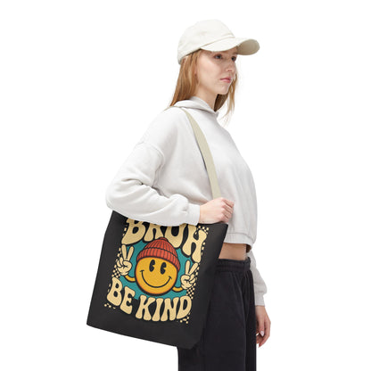 Bruh Be Kind Smiley Tote Bag — Retro Peace Sign Canvas Shopper