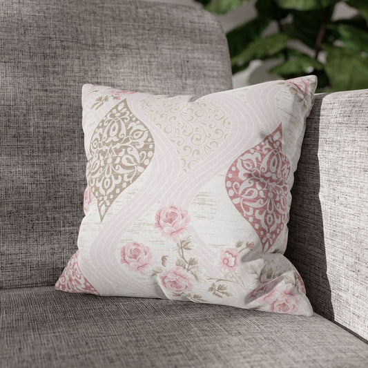 Floral Damask Decorative Pillowcase – Pink & Taupe Square Cushion Cover