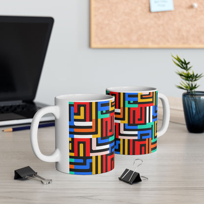 Geometric Maze Ceramic Mug — Colorful Mid-Century Modern Coffee Cup (11oz, 15oz)