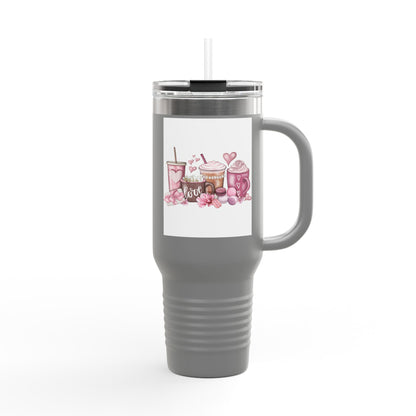 40oz Insulated Travel Mug — Pink Coffee & Sweets Design