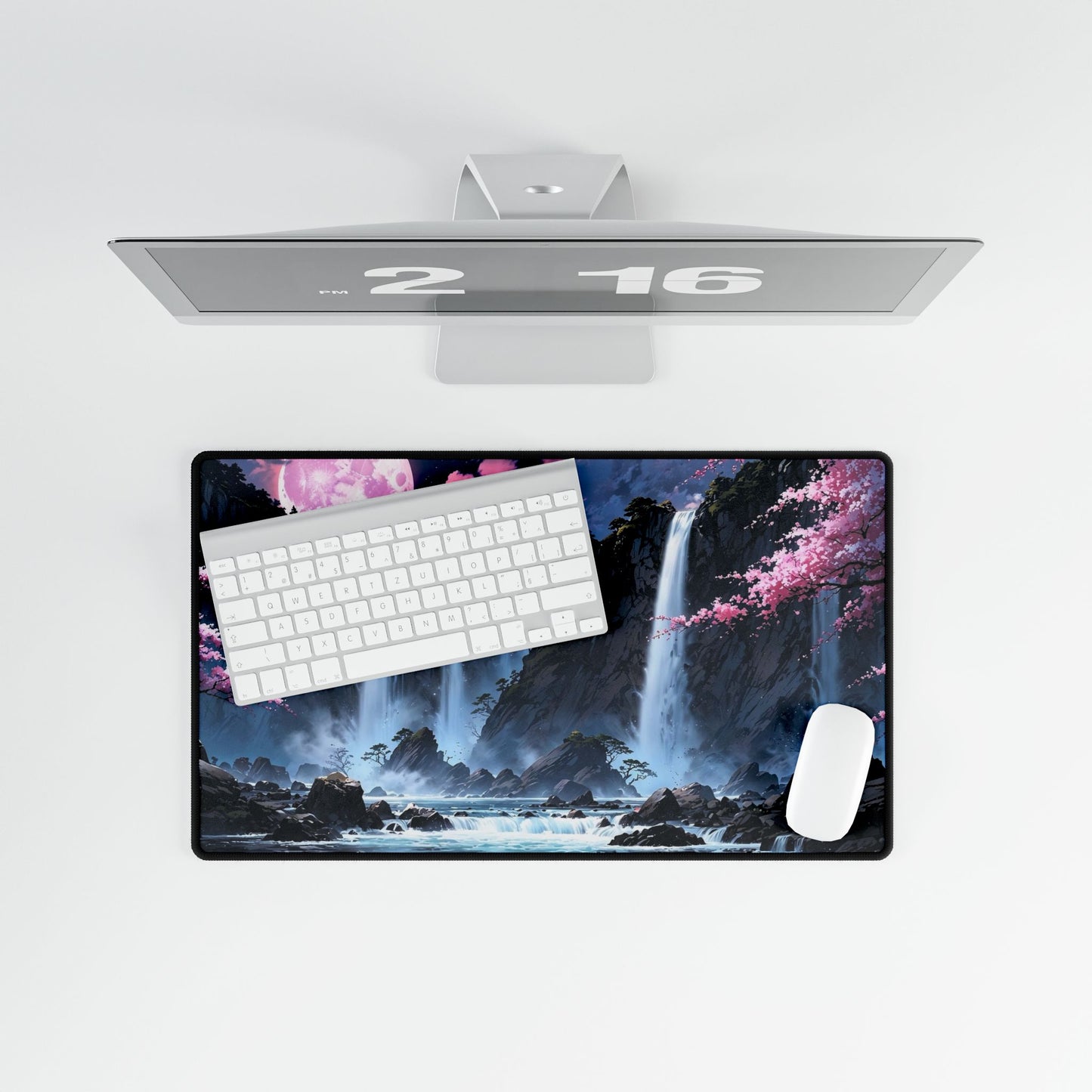 Cherry Blossom Waterfall Desk Mat — Scenic Anime Landscape Gaming/Work Desk Pad