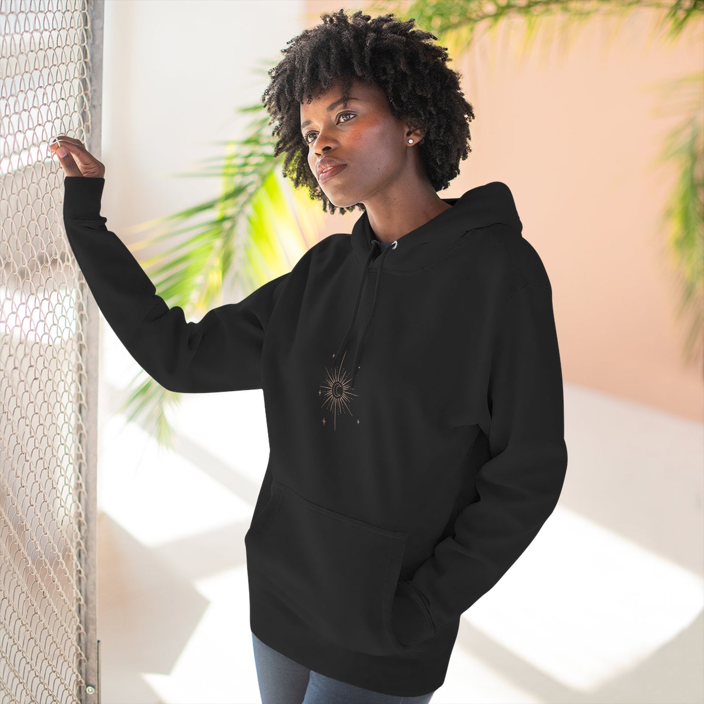 Celestial Compass Hoodie — Minimal Sun & Star Graphic Fleece Hoodie