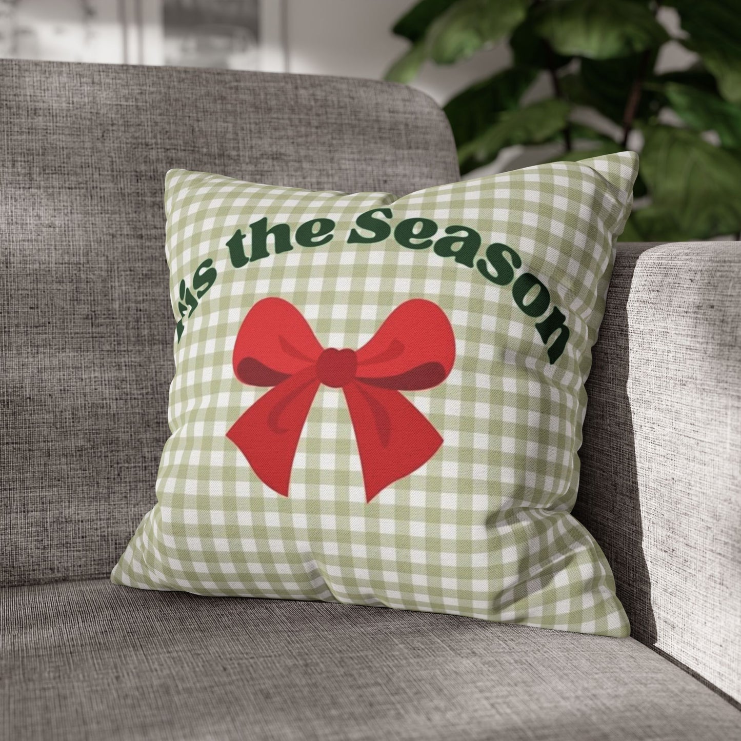 Christmas Throw Pillowcase — "’Tis the Season" Green Gingham with Red Bow