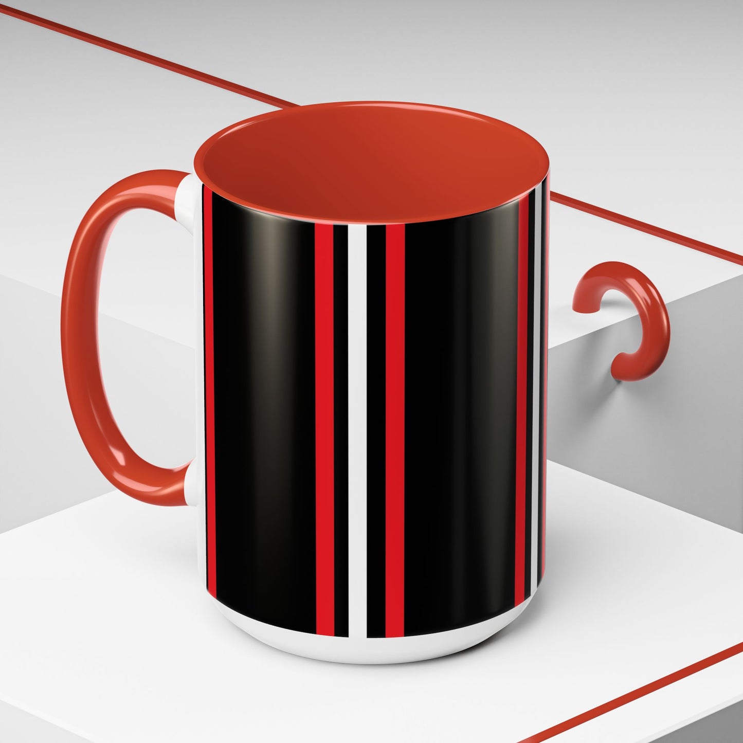 Black Accent Coffee Mug with Red & White Racing Stripes — 11/15oz