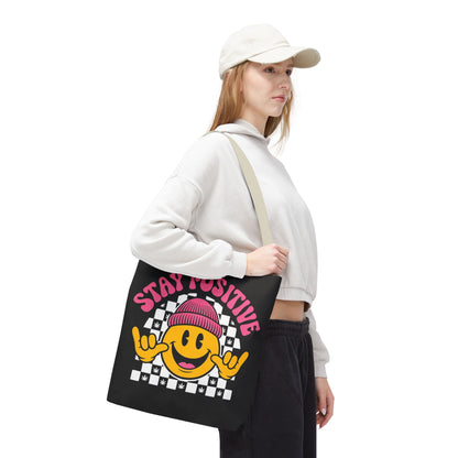 Stay Positive Smiley Tote Bag — Retro Checkerboard Inspirational Canvas Tote