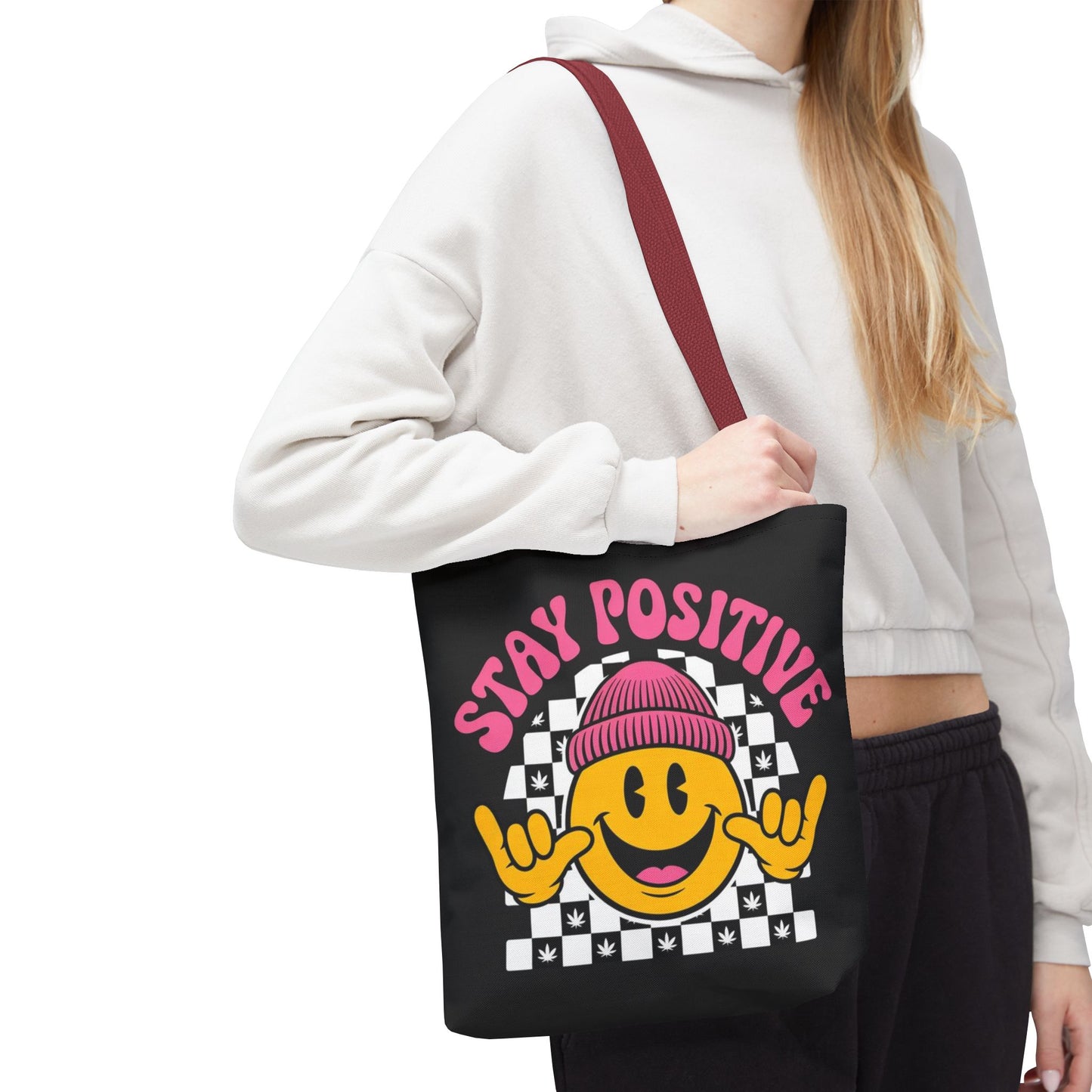 Stay Positive Smiley Tote Bag — Retro Checkerboard Inspirational Canvas Tote