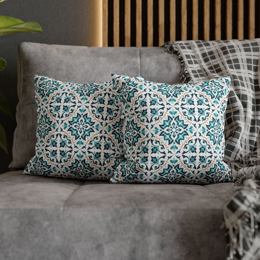Moroccan Tile Throw Pillowcase — Teal & Navy Geometric Square Pillow Cover