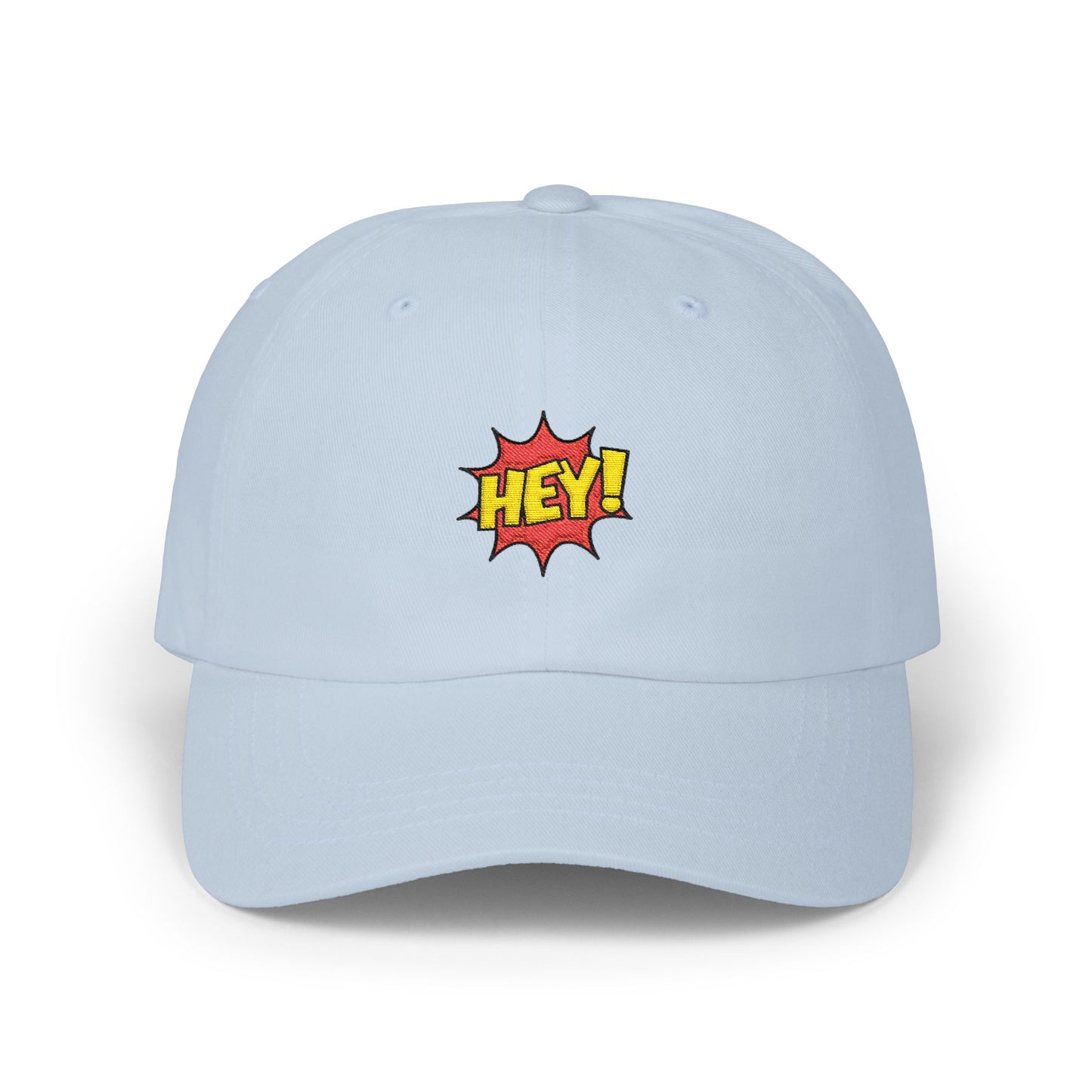 Hey! Comic Pop Dad Cap — White Embroidered Baseball Hat