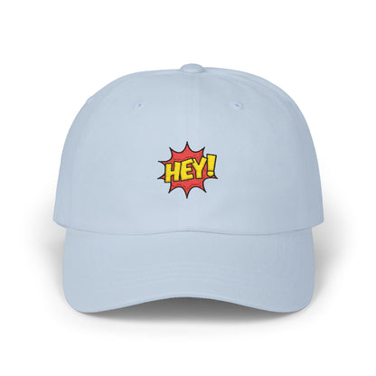 Hey! Comic Pop Dad Cap — White Embroidered Baseball Hat