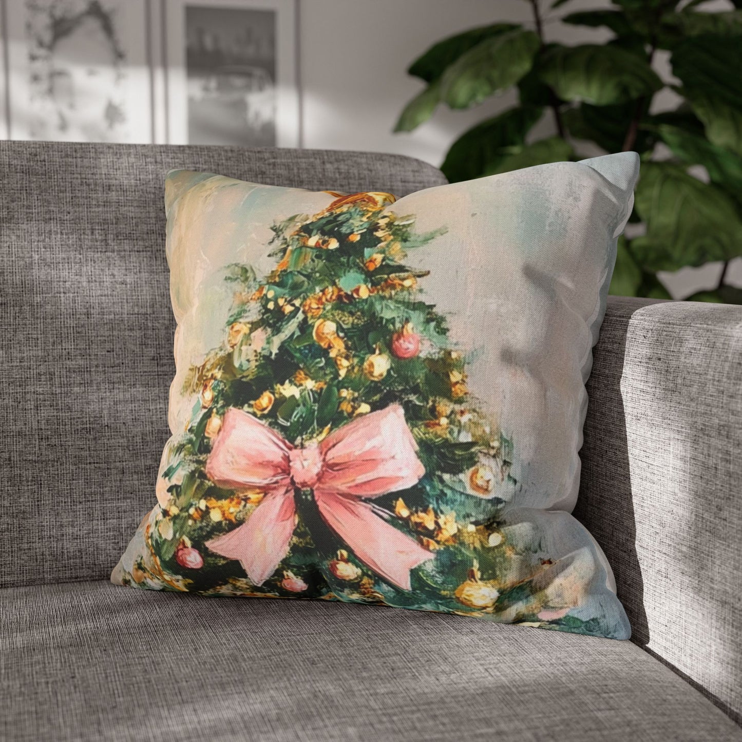 Christmas Tree Pillowcase with Pink Bow – Holiday Decorative Throw Pillow Cover