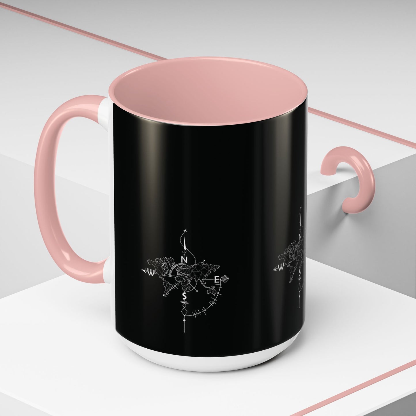 Compass World Map Coffee Mug — Black Accent Travel Mug for Explorers