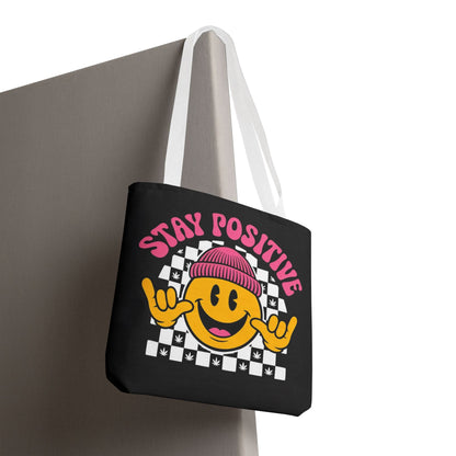 Stay Positive Smiley Tote Bag — Retro Checkerboard Inspirational Canvas Tote
