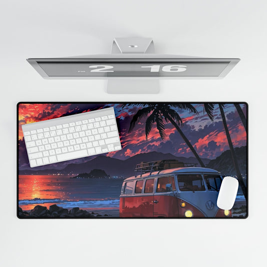 Sunset Beach VW Camper Desk Mat — Tropical Surf Vibe Mouse Pad
