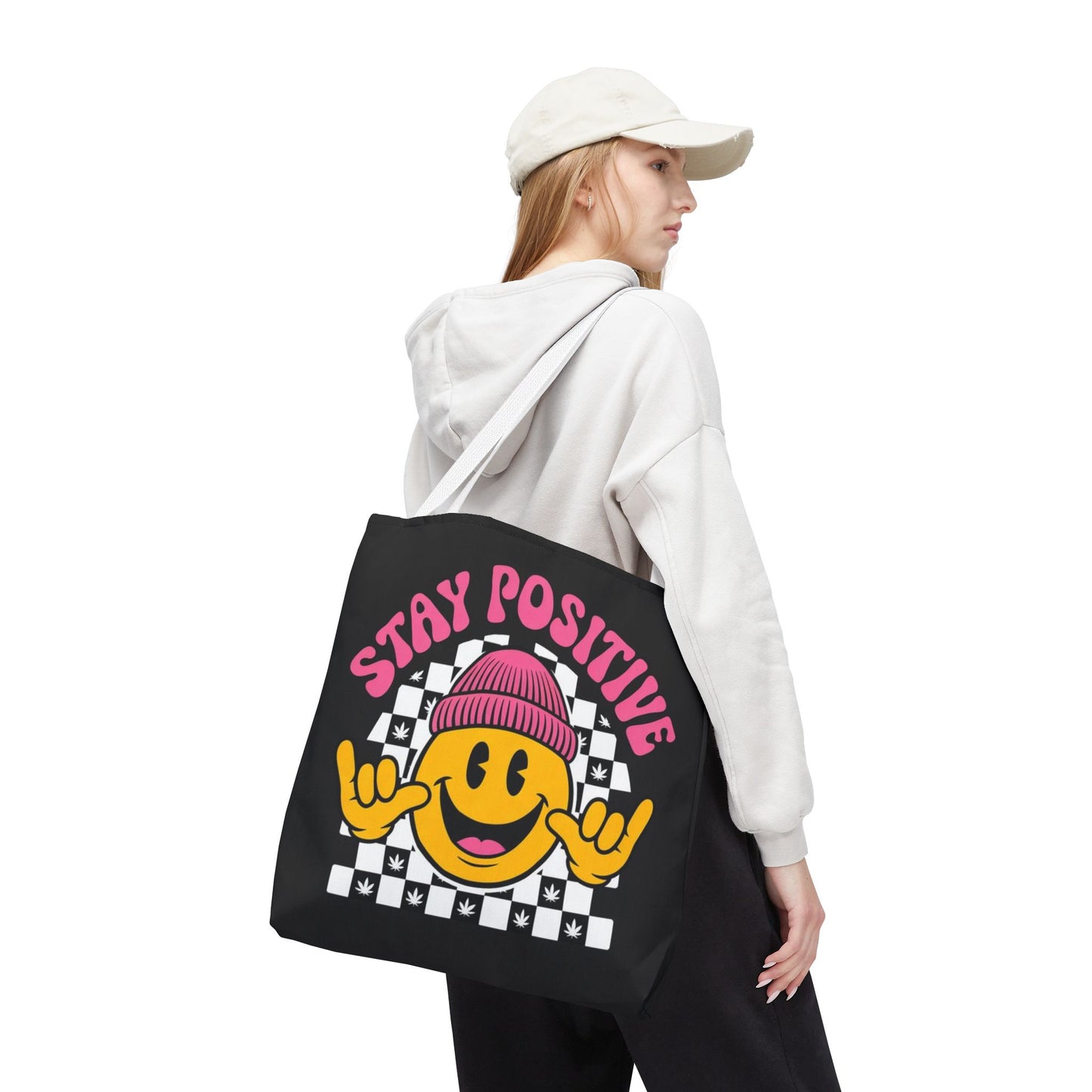 Stay Positive Smiley Tote Bag — Retro Checkerboard Inspirational Canvas Tote