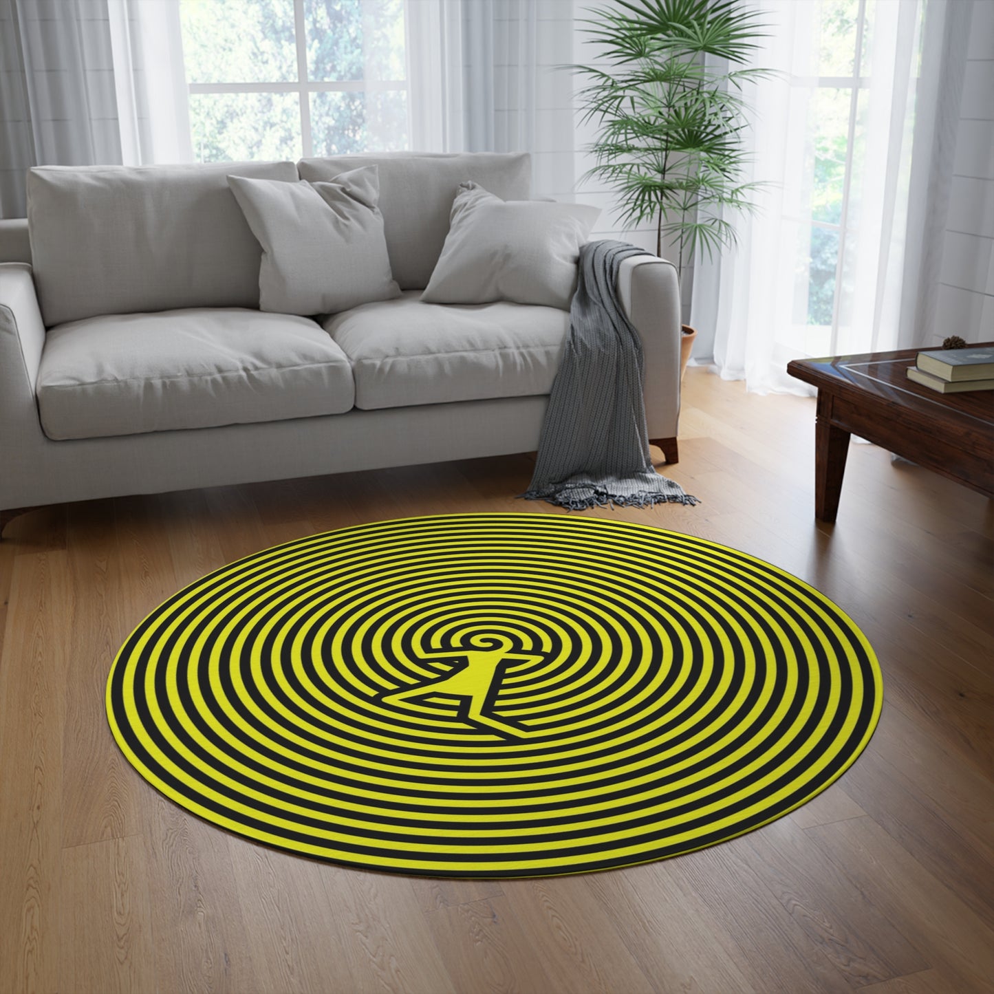Yellow Spiral Round Rug with Abstract Figure — Modern Optical Illusion Accent Rug