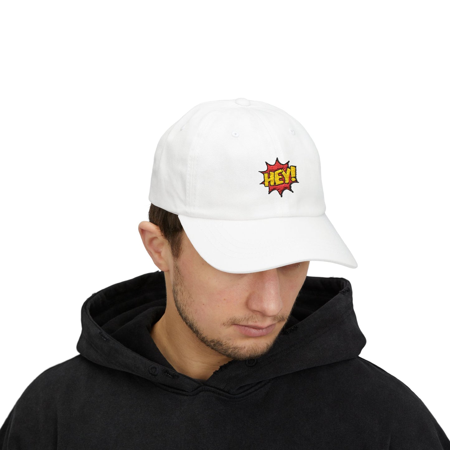 Hey! Comic Pop Dad Cap — White Embroidered Baseball Hat